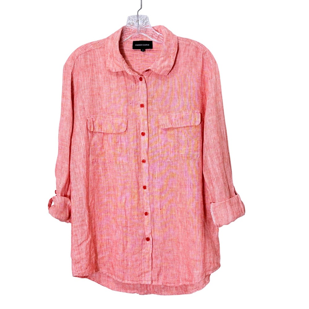 Women Linen Button Down Top Medium Oversized Gauzy Roll Tab Coastal Euro Summer